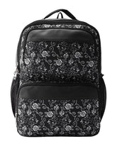 PRIMROSE Floral Pattern Backpack with Multiple Compartments, Black and White Design